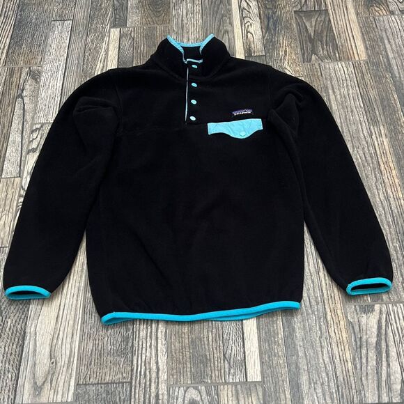 🔥 PATAGONIA SYNCHILLA Sherpa Fleece 4Snap Pullover Sweater Jacket Black/Aqua XS - Picture 3 of 10